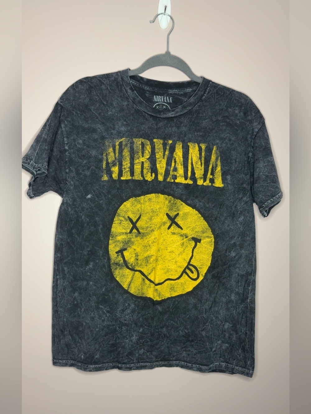Retro Vintage looking NIRVANA Black Tee with Yellow Smiley Print